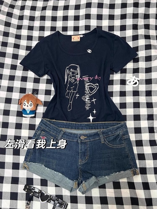 [1*1 Pure Cotton Regular Style] Printed Straight Shoulder Regular Short Sleeve High Elasticity New Summer Slim Fit