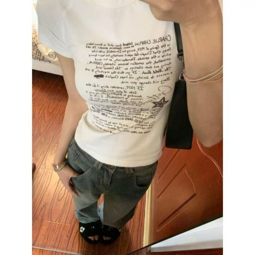 [1*1 Pure Cotton Regular Style] Printed Straight Shoulder Regular Short Sleeve High Elasticity New Summer Slim Fit