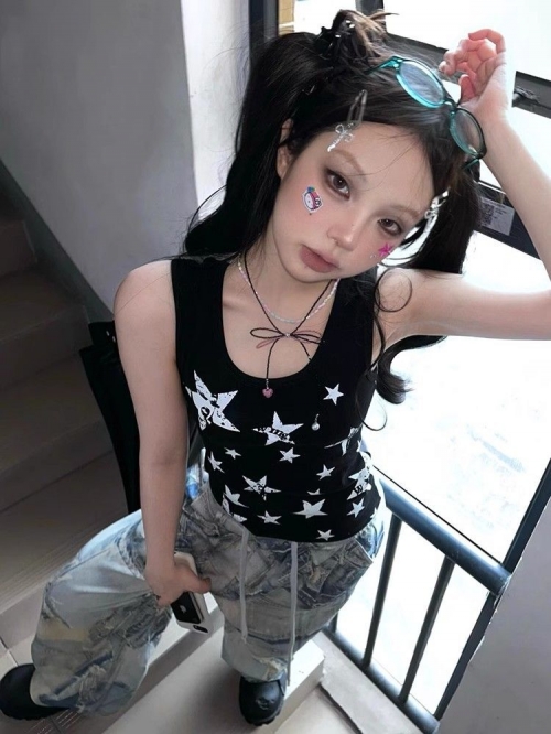 [Shoulder and Collar Cover] Summer Dopamine Outfit: Sleeveless T-shirt, American Style Short Hot Girl Slim Fit Tank Top