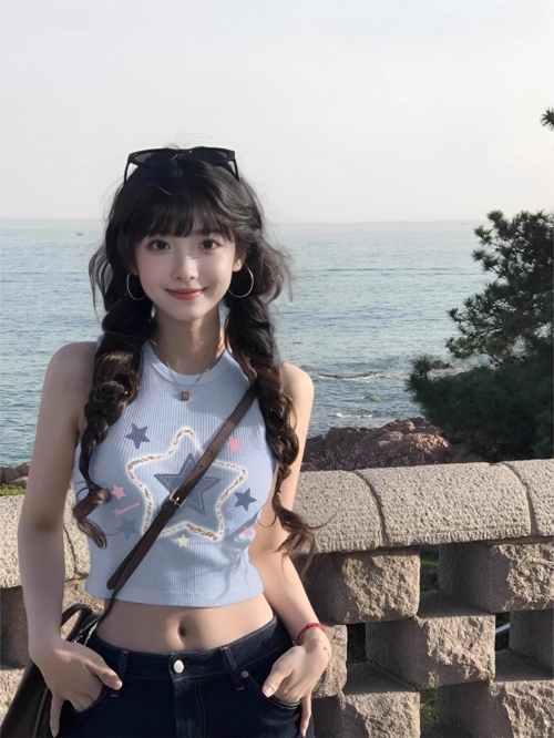 [Shoulder and Collar Cover] Summer Dopamine Outfit: Sleeveless T-shirt, American Style Short Hot Girl Slim Fit Tank Top