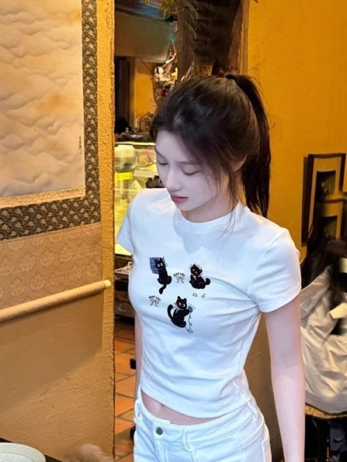 1*1 Pure Cotton High Elasticity New Summer Short-Sleeved Top, Fits Well with High-Waisted Pants, Slimming and Stylish