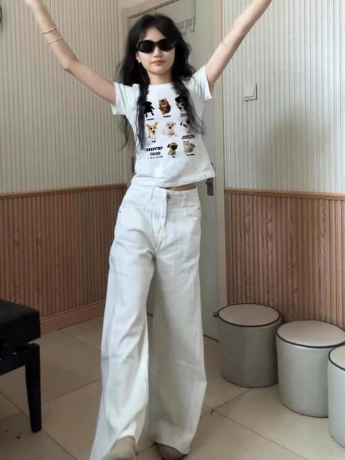 [1*1 Pure Cotton Regular Style] Printed Straight Shoulder Regular Short Sleeve High Elasticity New Summer Slim Fit