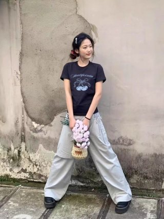 [1*1 Pure Cotton Regular Style] Printed Straight Shoulder Regular Short Sleeve High Elasticity New Summer Slim Fit