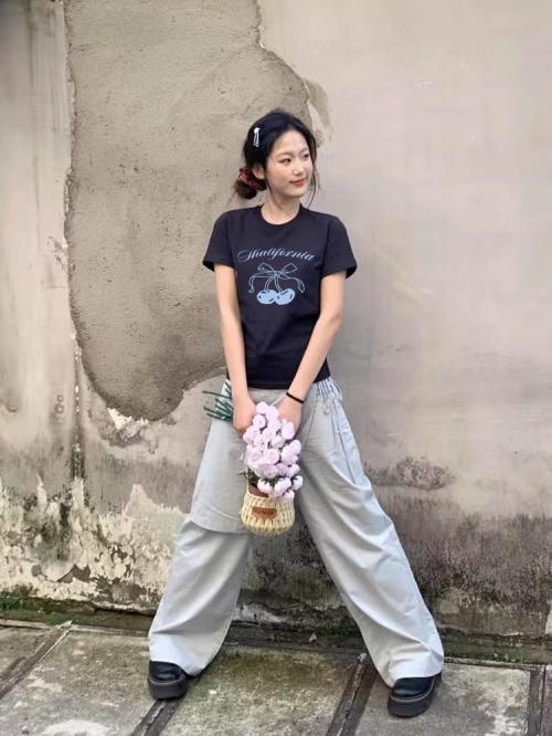 [1*1 Pure Cotton Regular Style] Printed Straight Shoulder Regular Short Sleeve High Elasticity New Summer Slim Fit