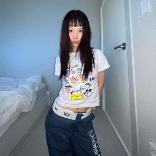 [1*1 Pure Cotton Regular Style] Printed Straight Shoulder Regular Short Sleeve High Elasticity New Summer Slim Fit