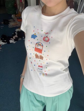 [1*1 Pure Cotton Regular Style] Printed Straight Shoulder Regular Short Sleeve High Elasticity New Summer Slim Fit