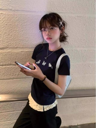 [1*1 Pure Cotton Regular Style] Printed Straight Shoulder Regular Short Sleeve High Elasticity New Summer Slim Fit