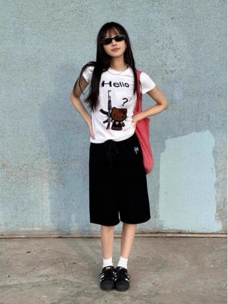 [1*1 Pure Cotton Regular Style] Printed Straight Shoulder Regular Short Sleeve High Elasticity New Summer Slim Fit