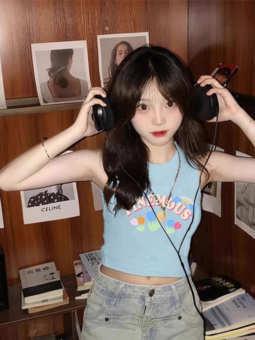 [Shoulder and Collar Cover] Summer Dopamine Outfit: Sleeveless T-shirt, American Style Short Hot Girl Slim Fit Tank Top