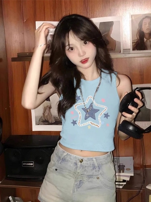 [Shoulder and Collar Cover] Summer Dopamine Outfit: Sleeveless T-shirt, American Style Short Hot Girl Slim Fit Tank Top