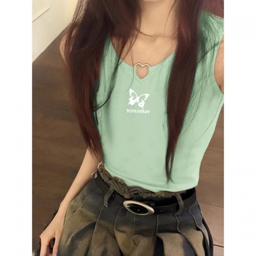 [Shoulder and Collar Cover] Summer Dopamine Outfit: Sleeveless T-shirt, American Style Short Hot Girl Slim Fit Tank Top