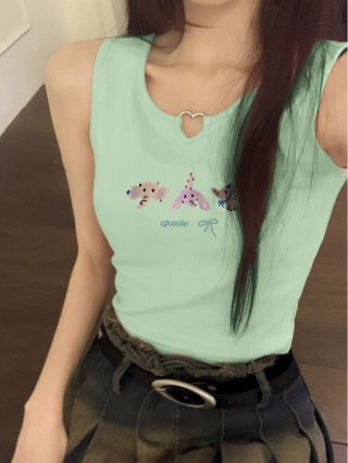 [Shoulder and Collar Cover] Summer Dopamine Outfit: Sleeveless T-shirt, American Style Short Hot Girl Slim Fit Tank Top