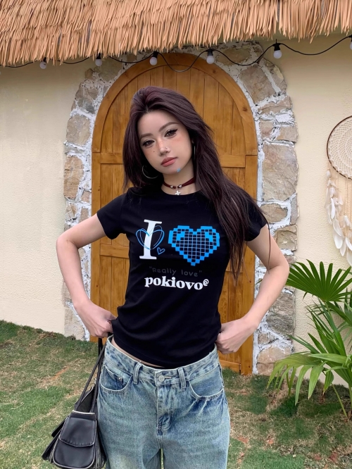 [1*1 Pure Cotton Regular Style] Printed Straight Shoulder Regular Short Sleeve High Elasticity New Summer Slim Fit