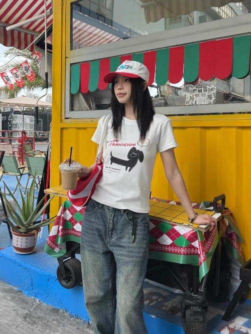 [1*1 Pure Cotton Regular Style] Printed Straight Shoulder Regular Short Sleeve High Elasticity New Summer Slim Fit