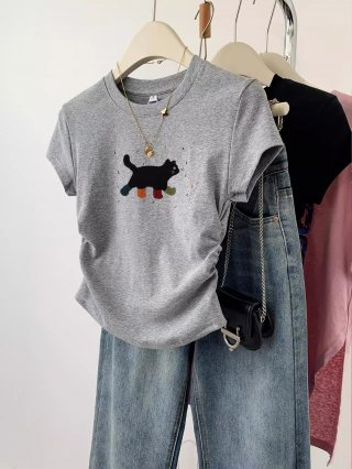 [1*1 Pure Cotton High Elasticity] Pleated Waist-Slimming Short-Sleeve T-Shirt for Women, New Summer Style, Slim Fit T-Shirt