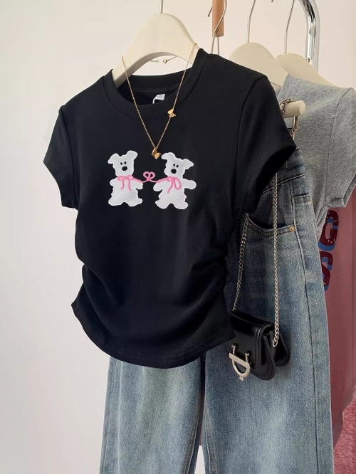 [1*1 Pure Cotton High Elasticity] Pleated Waist-Slimming Short-Sleeve T-Shirt for Women, New Summer Style, Slim Fit T-Shirt