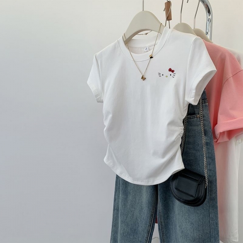[1*1 Pure Cotton High Elasticity] Pleated Waist-Slimming Short-Sleeve T-Shirt for Women, New Summer Style, Slim Fit T-Shirt