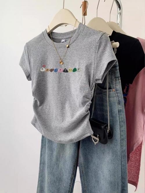 [1*1 Pure Cotton High Elasticity] Pleated Waist-Slimming Short-Sleeve T-Shirt for Women, New Summer Style, Slim Fit T-Shirt