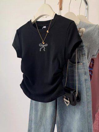 [1*1 Pure Cotton High Elasticity] Pleated Waist-Slimming Short-Sleeve T-Shirt for Women, New Summer Style, Slim Fit T-Shirt