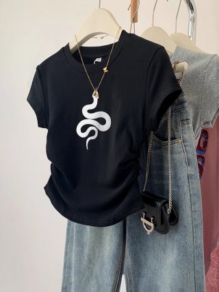 [1*1 Pure Cotton High Elasticity] Pleated Waist-Slimming Short-Sleeve T-Shirt for Women, New Summer Style, Slim Fit T-Shirt