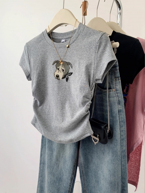 [1*1 Pure Cotton High Elasticity] Pleated Waist-Slimming Short-Sleeve T-Shirt for Women, New Summer Style, Slim Fit T-Shirt