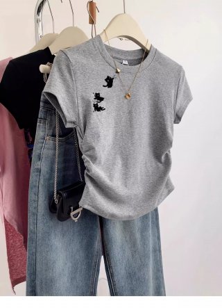 [1*1 Pure Cotton High Elasticity] Pleated Waist-Slimming Short-Sleeve T-Shirt for Women, New Summer Style, Slim Fit T-Shirt