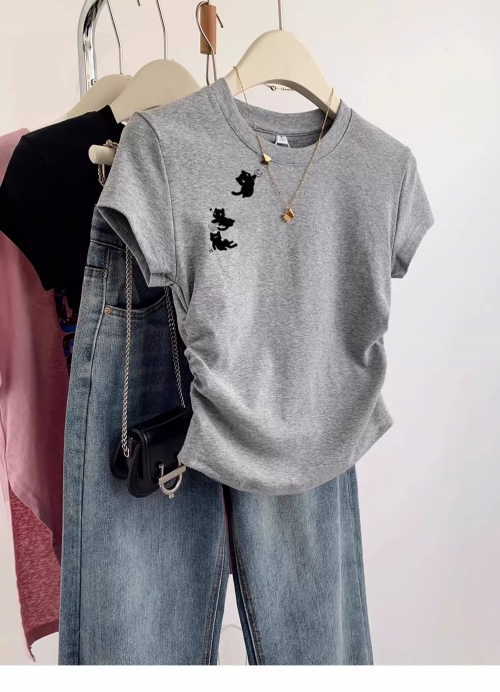 [1*1 Pure Cotton High Elasticity] Pleated Waist-Slimming Short-Sleeve T-Shirt for Women, New Summer Style, Slim Fit T-Shirt