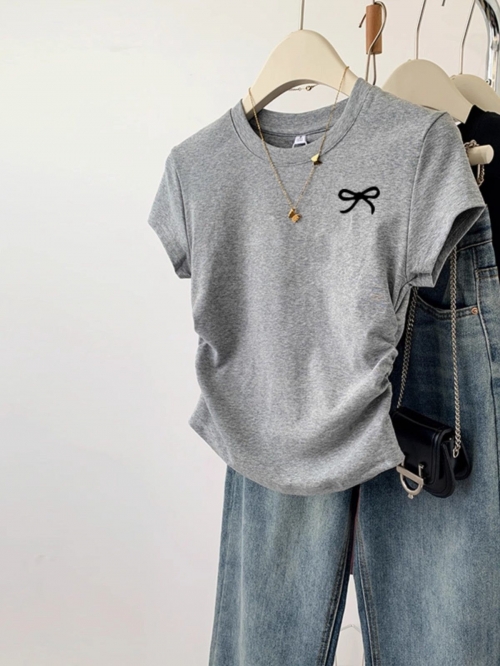 [1*1 Pure Cotton High Elasticity] Pleated Waist-Slimming Short-Sleeve T-Shirt for Women, New Summer Style, Slim Fit T-Shirt