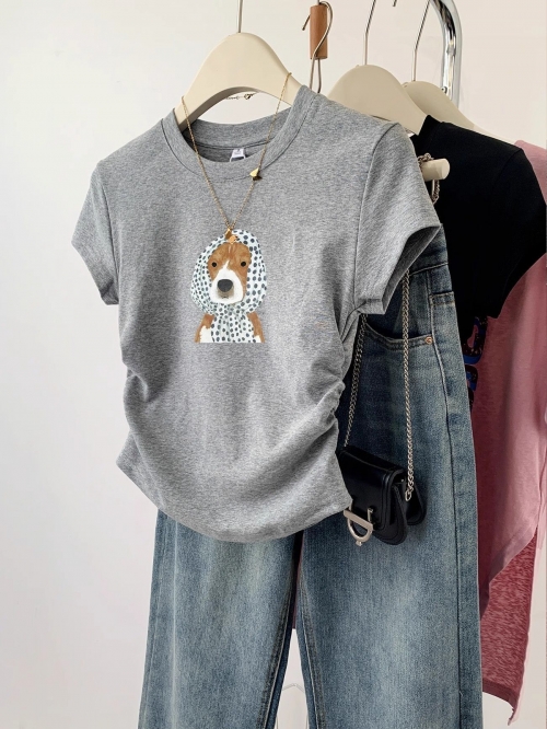 [1*1 Pure Cotton High Elasticity] Pleated Waist-Slimming Short-Sleeve T-Shirt for Women, New Summer Style, Slim Fit T-Shirt