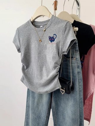 [1*1 Pure Cotton High Elasticity] Pleated Waist-Slimming Short-Sleeve T-Shirt for Women, New Summer Style, Slim Fit T-Shirt