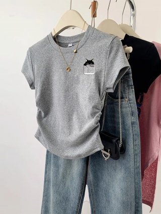 [1*1 Pure Cotton High Elasticity] Pleated Waist-Slimming Short-Sleeve T-Shirt for Women, New Summer Style, Slim Fit T-Shirt