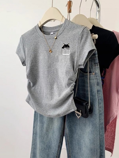 [1*1 Pure Cotton High Elasticity] Pleated Waist-Slimming Short-Sleeve T-Shirt for Women, New Summer Style, Slim Fit T-Shirt