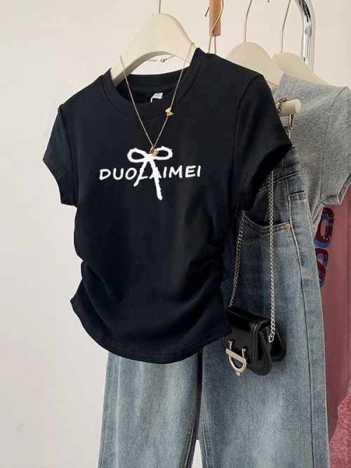 [1*1 Pure Cotton High Elasticity] Pleated Waist-Slimming Short-Sleeve T-Shirt for Women, New Summer Style, Slim Fit T-Shirt