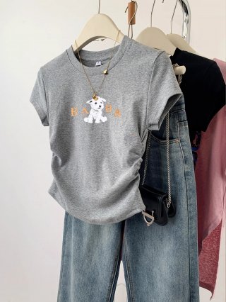 [1*1 Pure Cotton High Elasticity] Pleated Waist-Slimming Short-Sleeve T-Shirt for Women, New Summer Style, Slim Fit T-Shirt