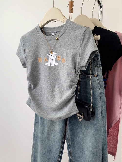 [1*1 Pure Cotton High Elasticity] Pleated Waist-Slimming Short-Sleeve T-Shirt for Women, New Summer Style, Slim Fit T-Shirt