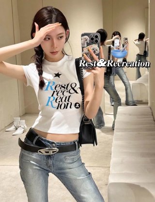 [1*1 Pure Cotton Regular Style] Printed Straight Shoulder Regular Short Sleeve High Elasticity New Summer Slim Fit