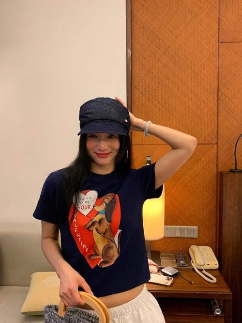 [1*1 Pure Cotton Regular Style] Printed Straight Shoulder Regular Short Sleeve High Elasticity New Summer Slim Fit