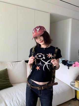 [1*1 Pure Cotton Regular Style] Printed Straight Shoulder Regular Short Sleeve High Elasticity New Summer Slim Fit