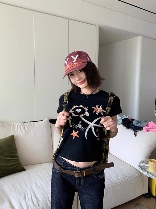 [1*1 Pure Cotton Regular Style] Printed Straight Shoulder Regular Short Sleeve High Elasticity New Summer Slim Fit