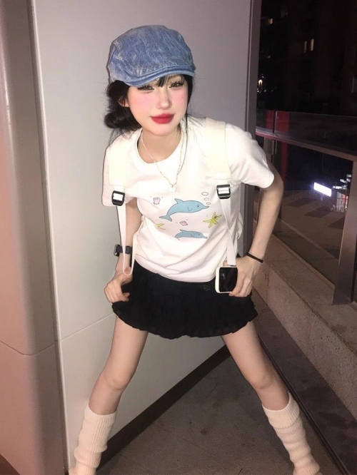 [1*1 Pure Cotton Regular Style] Printed Straight Shoulder Regular Short Sleeve High Elasticity New Summer Slim Fit