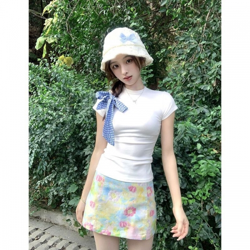 [1*1 Pure Cotton Regular Style] Printed Straight Shoulder Regular Short Sleeve High Elasticity New Summer Slim Fit