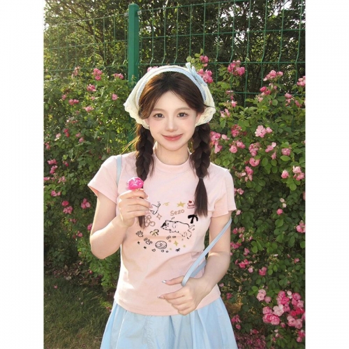 [1*1 Pure Cotton Regular Style] Printed Straight Shoulder Regular Short Sleeve High Elasticity New Summer Slim Fit