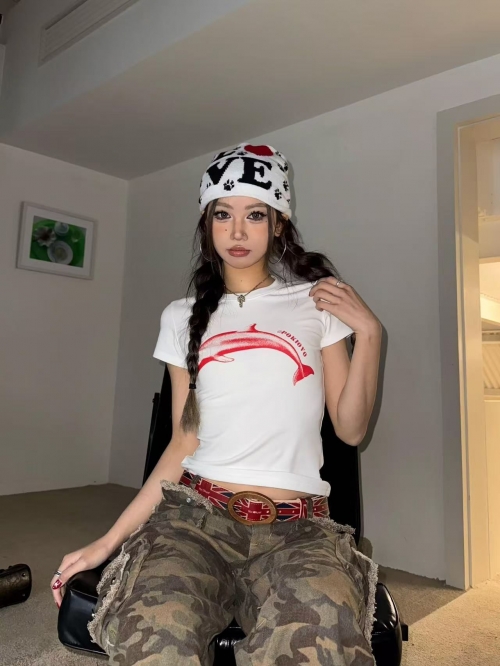 [1*1 Pure Cotton Regular Style] Printed Straight Shoulder Regular Short Sleeve High Elasticity New Summer Slim Fit