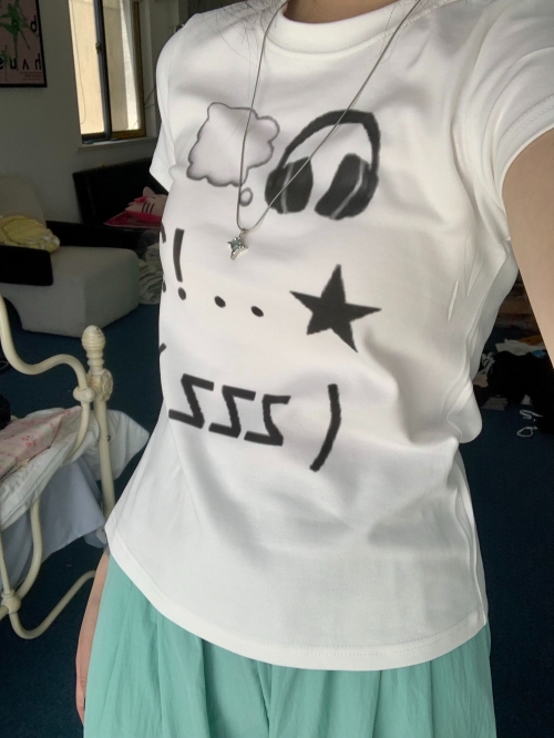 [1*1 Pure Cotton Regular Style] Printed Straight Shoulder Regular Short Sleeve High Elasticity New Summer Slim Fit