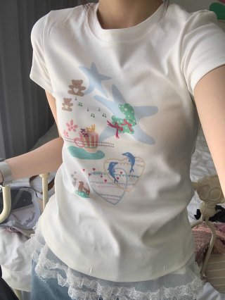 [1*1 Pure Cotton Regular Style] Printed Straight Shoulder Regular Short Sleeve High Elasticity New Summer Slim Fit