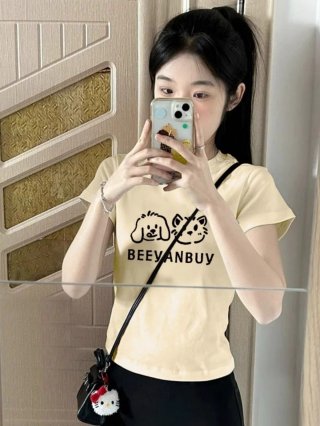 [1*1 Pure Cotton Regular Style] Printed Straight Shoulder Regular Short Sleeve High Elasticity New Summer Slim Fit