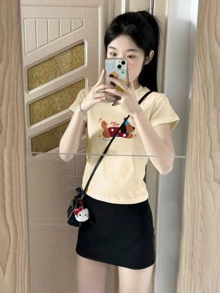 [1*1 Pure Cotton Regular Style] Printed Straight Shoulder Regular Short Sleeve High Elasticity New Summer Slim Fit