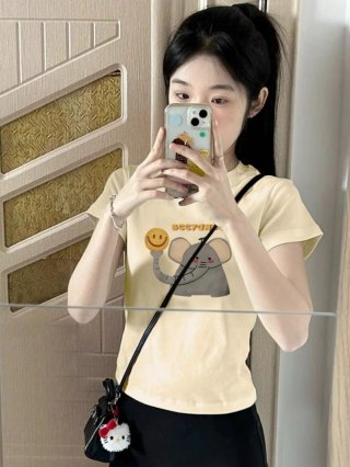 [1*1 Pure Cotton Regular Style] Printed Straight Shoulder Regular Short Sleeve High Elasticity New Summer Slim Fit