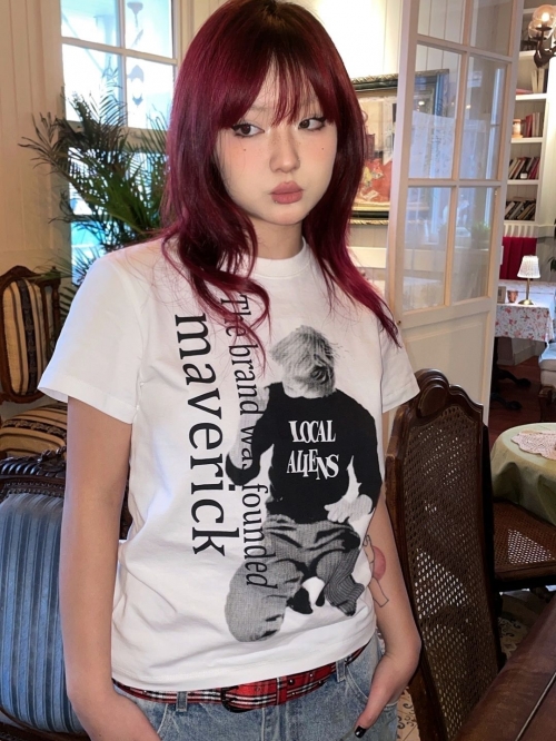 [1*1 Pure Cotton Regular Style] Printed Straight Shoulder Regular Short Sleeve High Elasticity New Summer Slim Fit