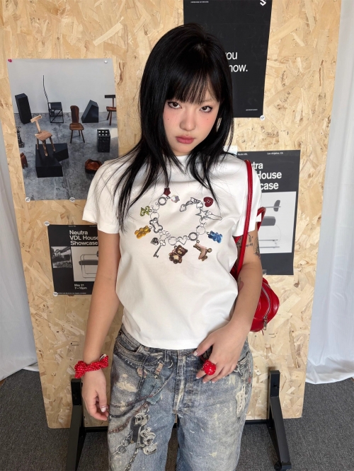 [1*1 Pure Cotton Regular Style] Printed Straight Shoulder Regular Short Sleeve High Elasticity New Summer Slim Fit